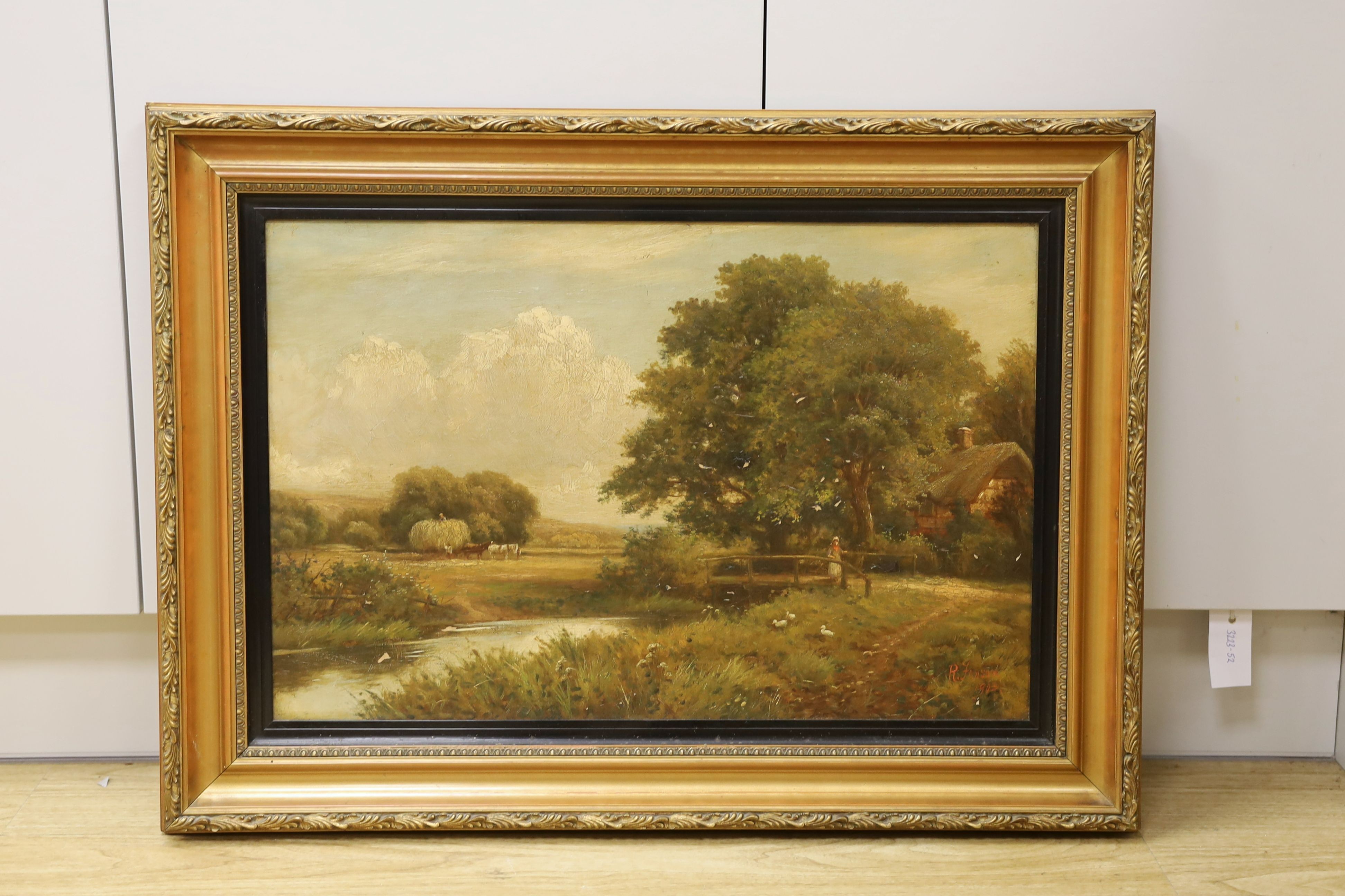 Robert Robin Fenson, alias Henry Maidment (fl.1889-1914) , oil on canvas, River landscape with haycart in the distance, signed and dated 1903, 40 x 60cm